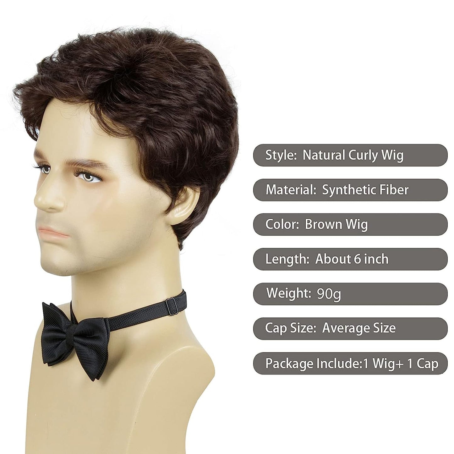 Lush Locks Synthetic Wavy Wigs For Men, Natural Brown