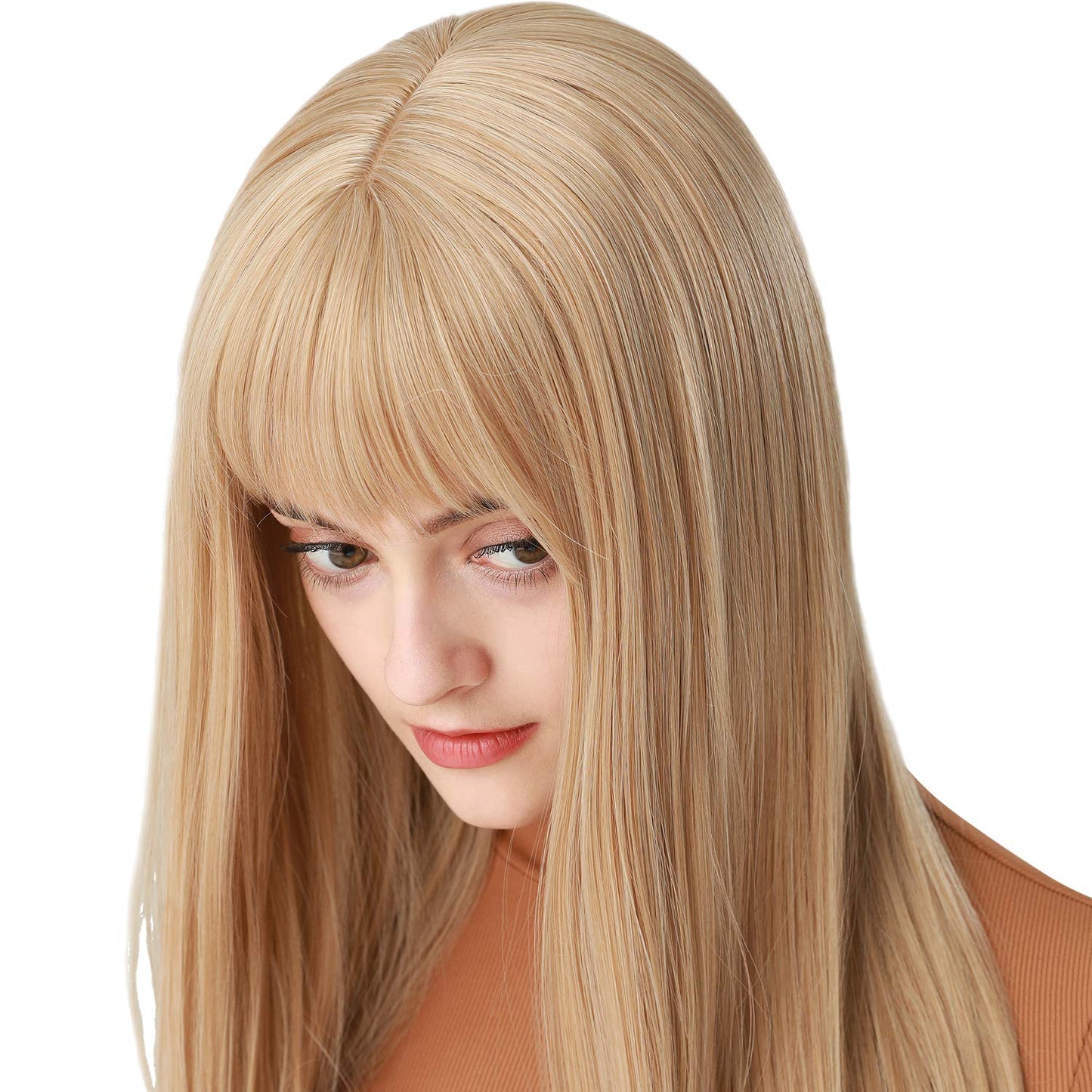 Lush Locks A Long Straight Wigs Blonde Synthetic Hair with Bangs for Women.