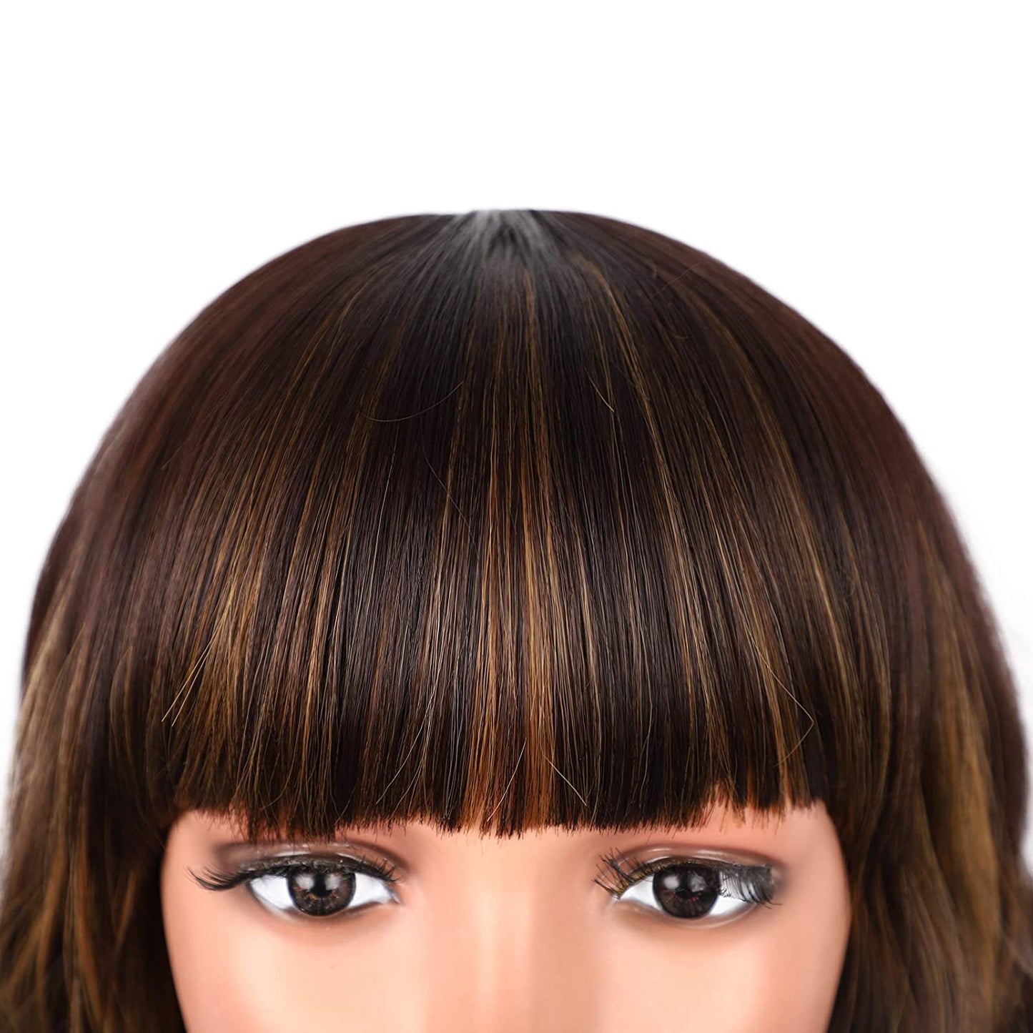 Lush Locks Dark Brown Wig with Bangs Wavy Bob Highlighted Wig for Women.