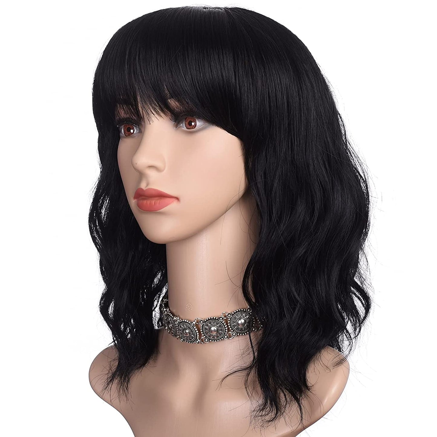 Lush Locks Wavy Short Black Wavy Bob Hair Wig with Bangs