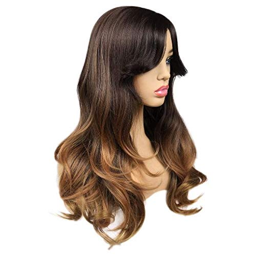 Lush Locks Pre designed Fibre Wigs With Bangs 3 Tone Ombre Wig Brown to Blonde Natrual wavy Heat Resistant Wig High Density Long Hair Full Wigs for Women(size 24,Blonde,Brown)