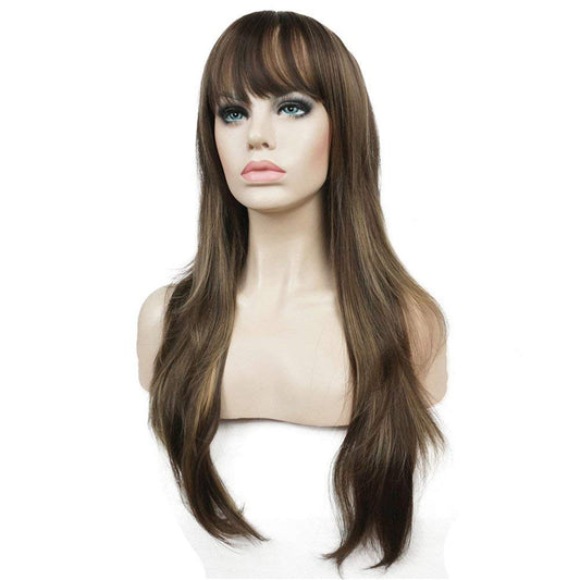 Lush Locks Women's Heat Resistant Straight Highlighted black gold Long straight Full Wig hair real hair type natural looking ladies wigs