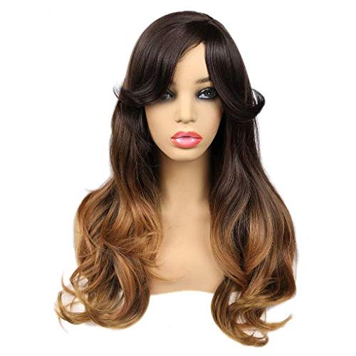 Lush Locks Pre designed Fibre Wigs With Bangs 3 Tone Ombre Wig Brown to Blonde Natrual wavy Heat Resistant Wig High Density Long Hair Full Wigs for Women(size 24,Blonde,Brown)