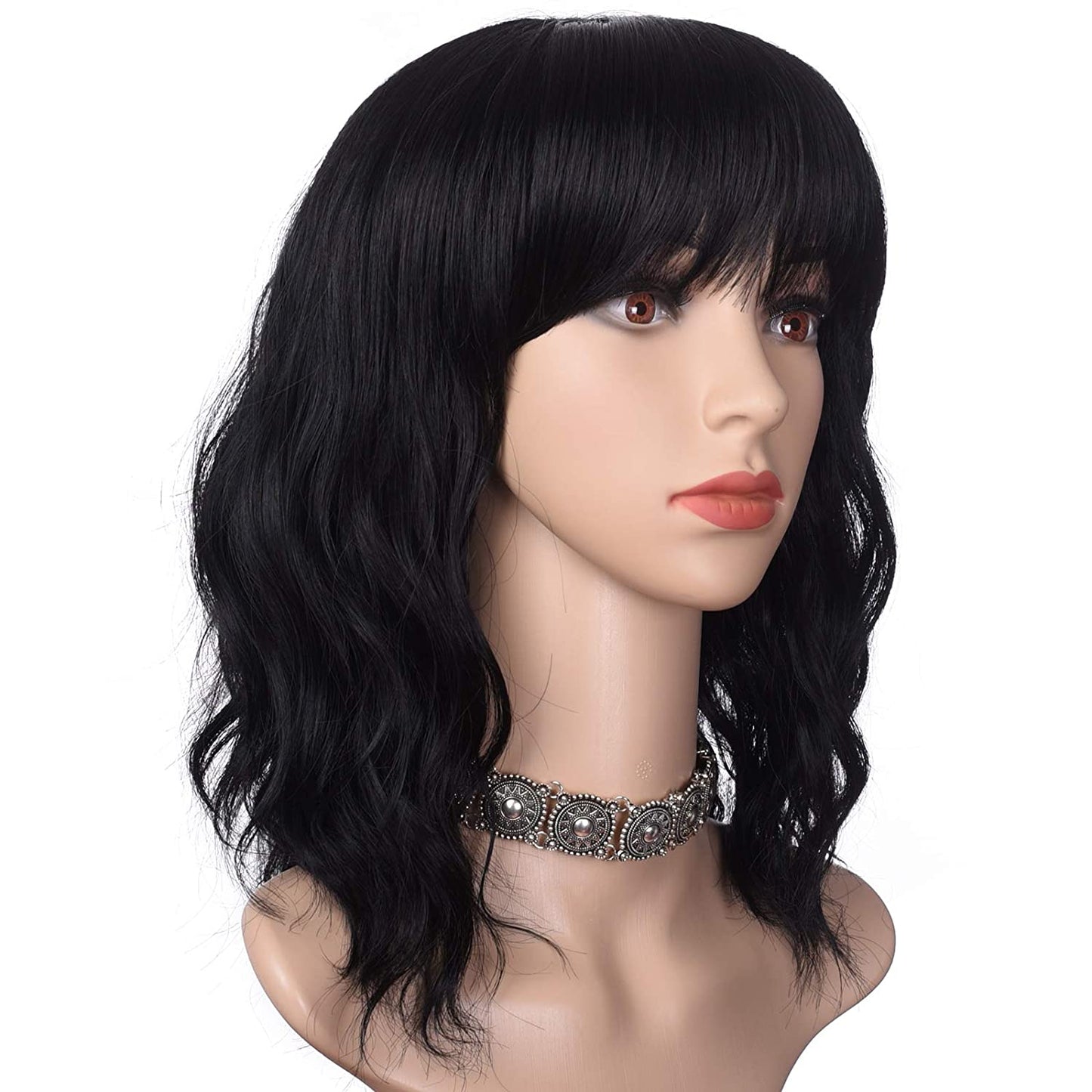 Lush Locks Wavy Short Black Wavy Bob Hair Wig with Bangs