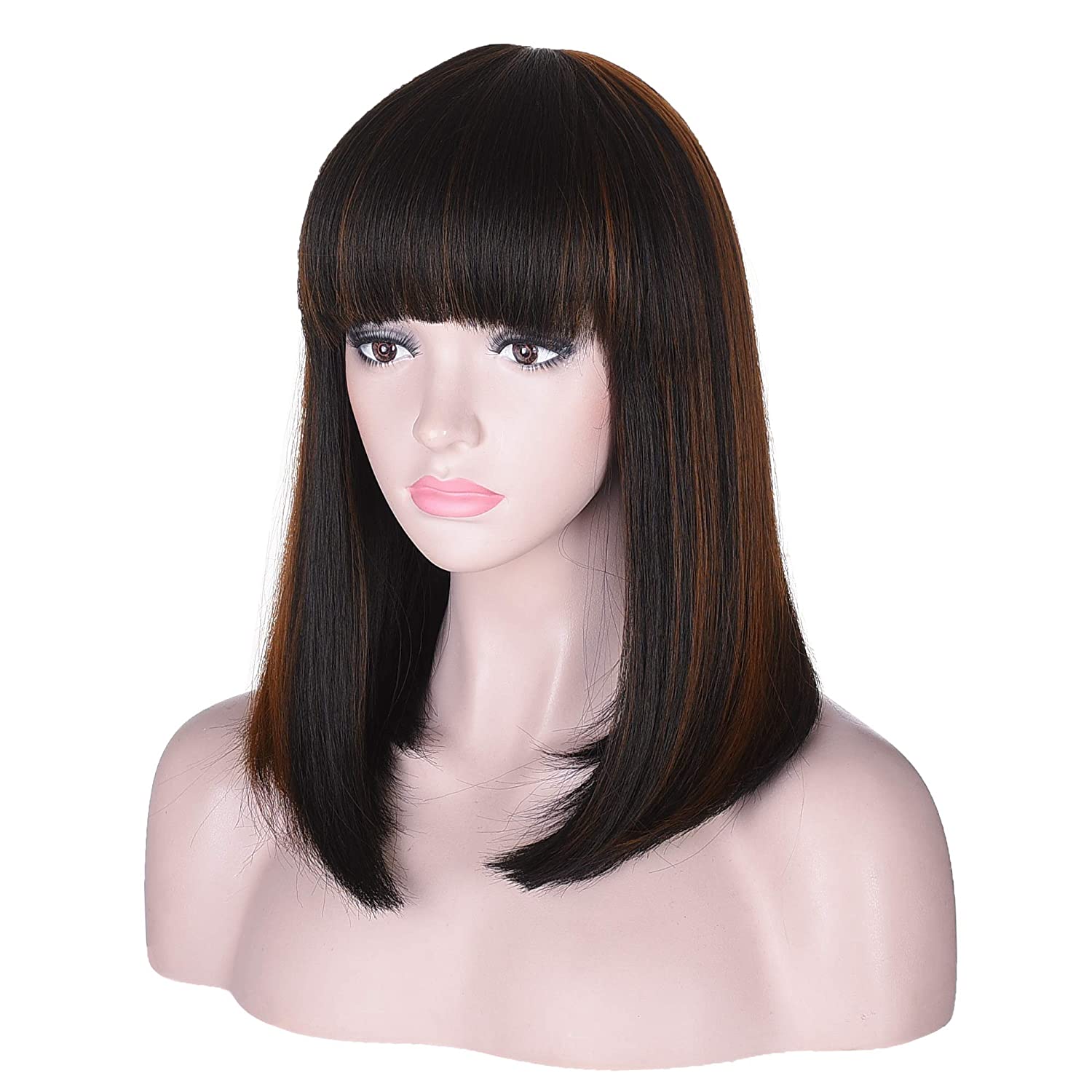 Lush Locks 15 Inch Short Straight Black with Brown Highlights Bob Wig with Bangs