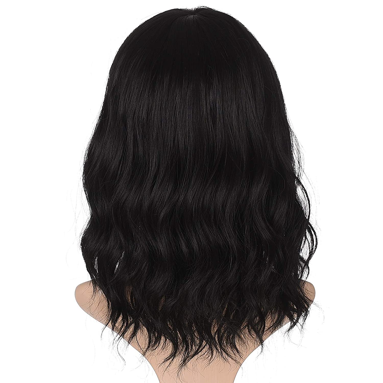 Lush Locks Wavy Short Black Wavy Bob Hair Wig with Bangs