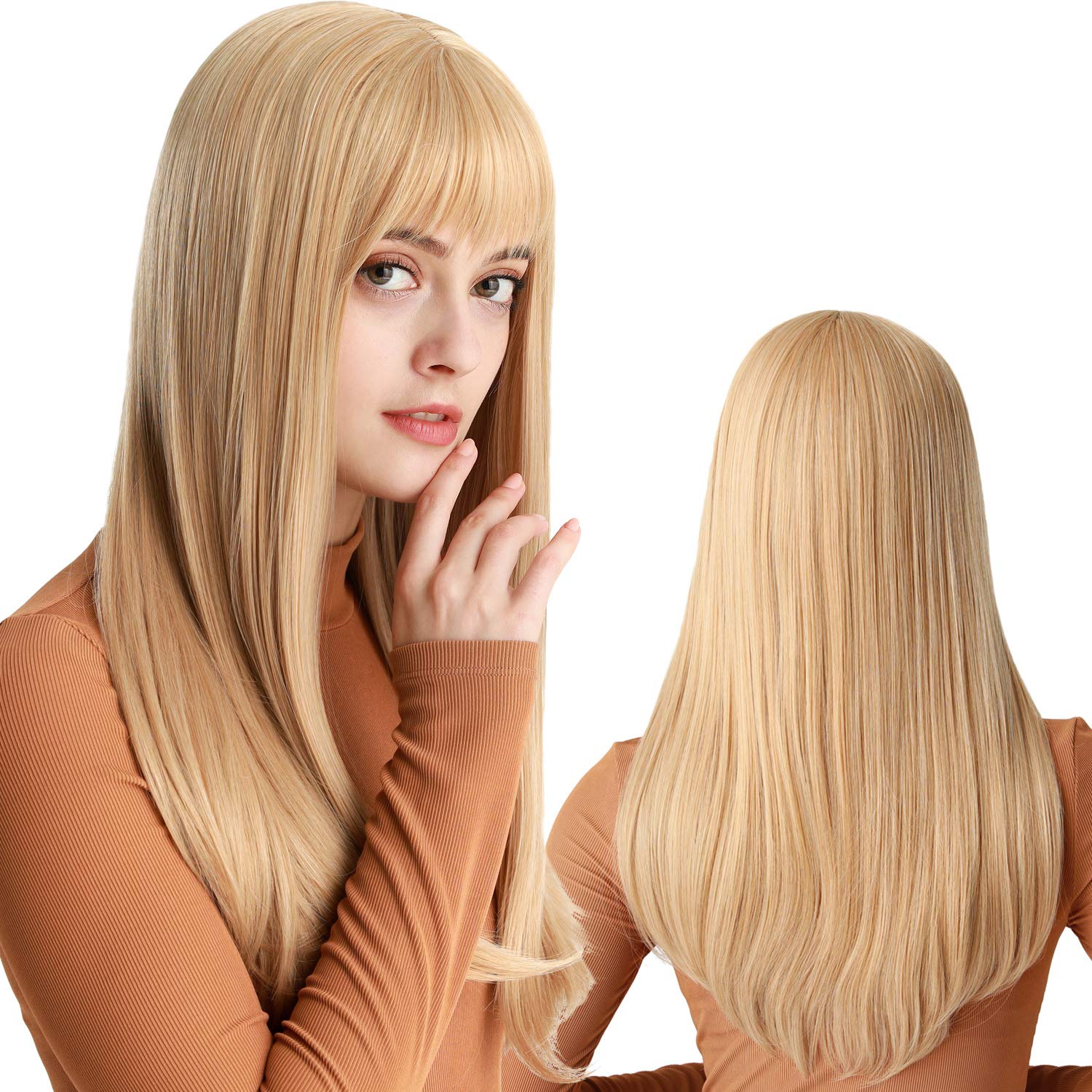 Lush Locks A Long Straight Wigs Blonde Synthetic Hair with Bangs for Women.