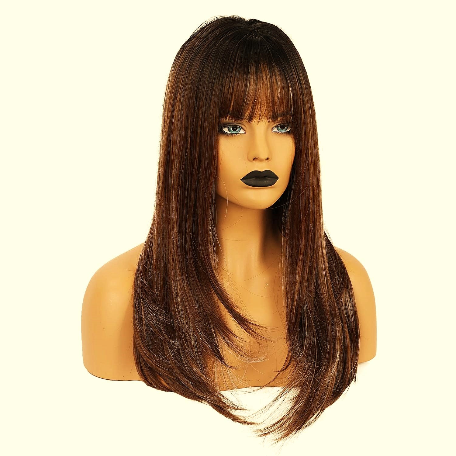 Lush Locks  Women Brown Wig Black Roots Synthetic Wigs with Bangs Long Straight Brunette Wig Natural Look Realistic Wig 20 Inches