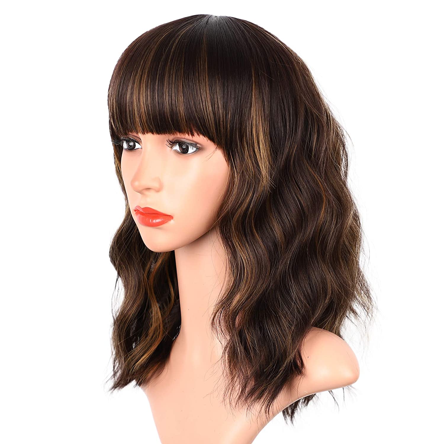 Lush Locks Dark Brown Wig with Bangs Wavy Bob Highlighted Wig for Women.