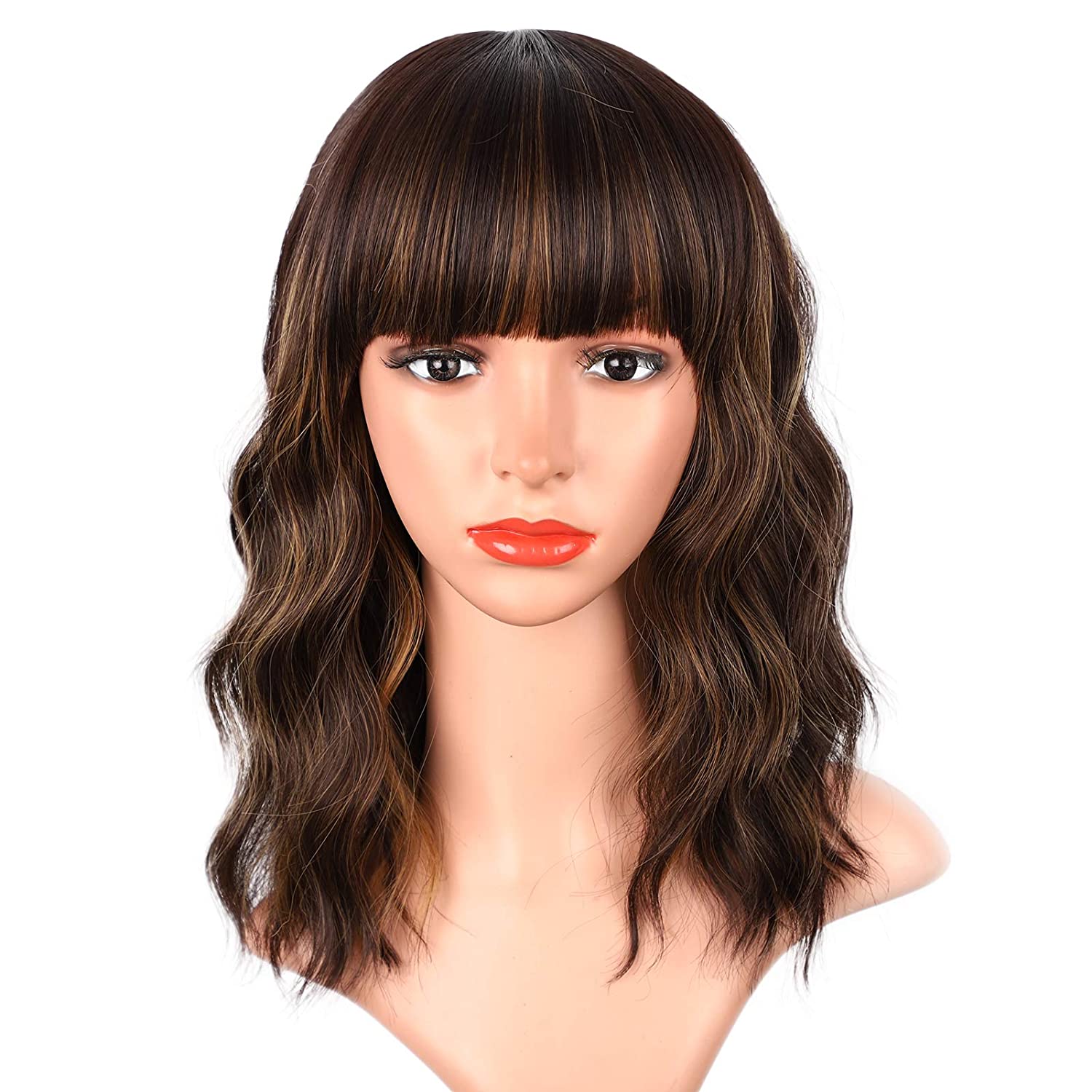 Lush Locks Dark Brown Wig with Bangs Wavy Bob Highlighted Wig for Women.