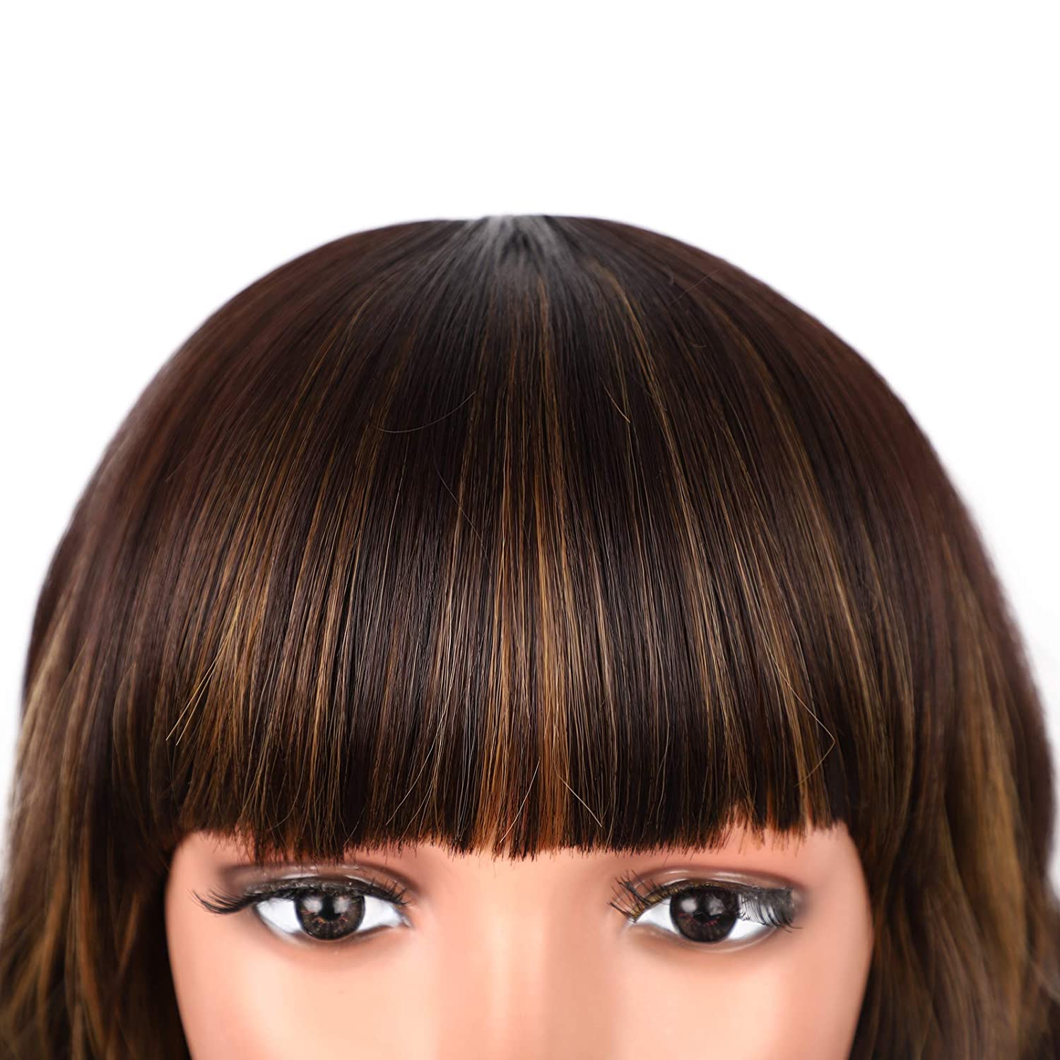 Lush Locks Dark Brown Wig with Bangs Wavy Bob Highlighted Wig for Women.